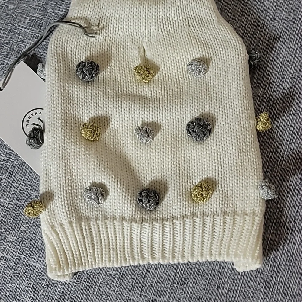 Martha Stewart Cream Dog Sweater Gold Silver Pom Pom Size XS NWT